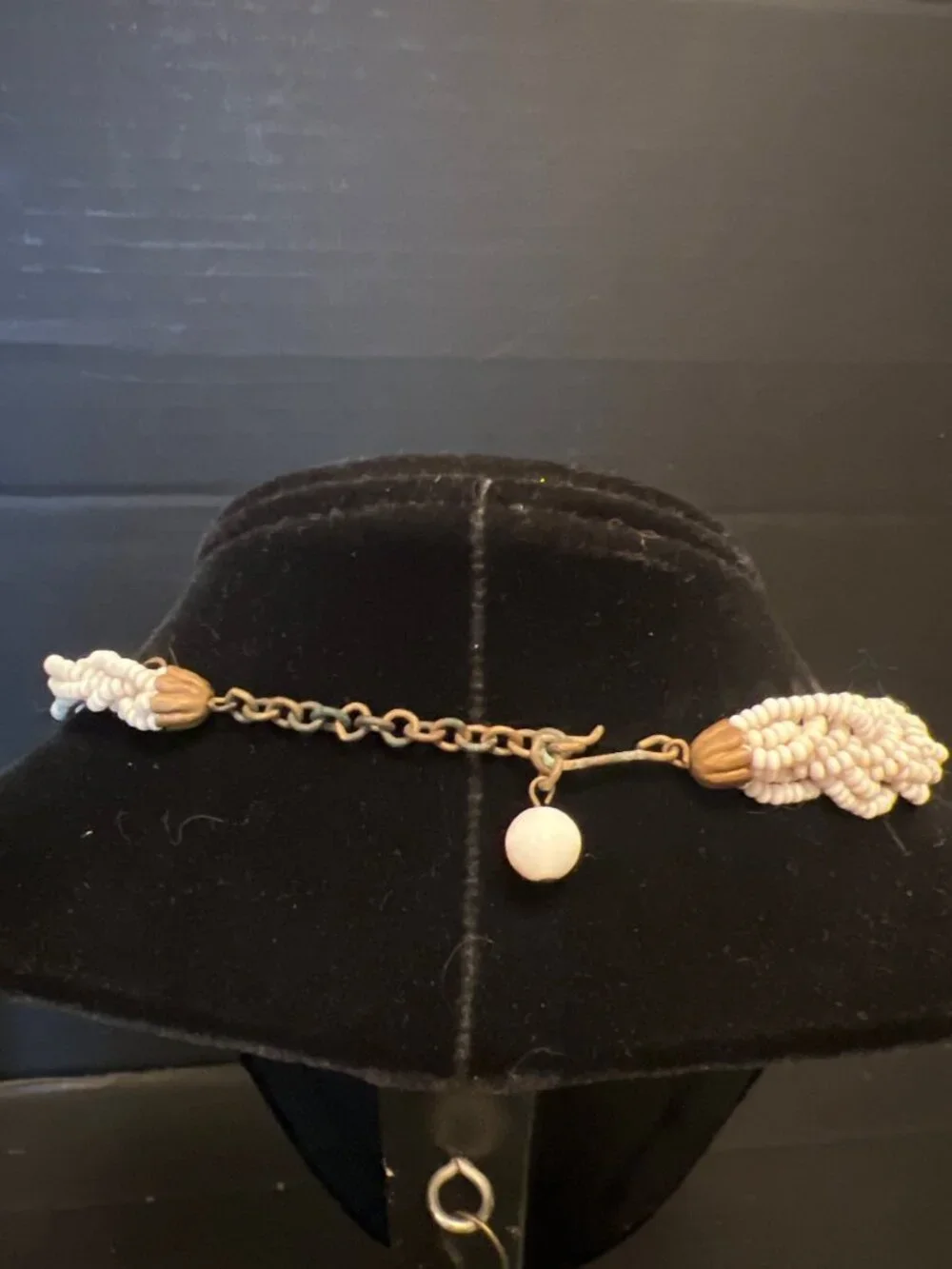 Vintage White Beaded Necklace With Brass-Tone Chain & Bead Accent Pendant READ